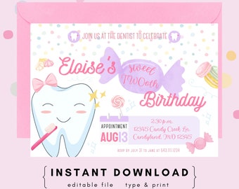 Girl 2nd Birthday Invitation Instant Download Editable Printable Sweet Tooth Twooth Birthday party invites