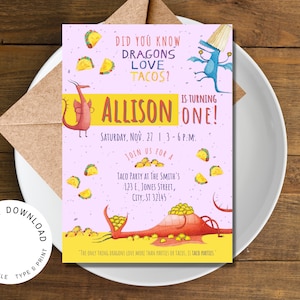 Dragons Love Tacos Birthday Invitation Instant Download Editable Printable taco party invite