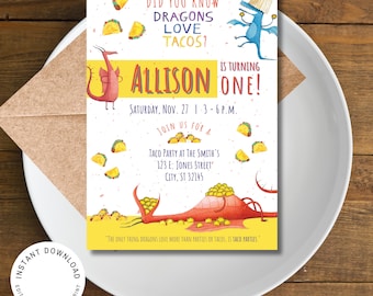 Invitación de cumpleaños "A los dragones les encantan los tacos", descarga instantánea, editable, imprimible, para fiesta de tacos.