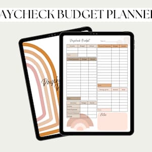 May include: A digital budget planner on a tablet with a rainbow design. The planner includes sections for income, fixed expenses, personal expenses, savings, and notes.