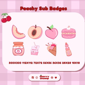 Può includere: Una collezione di badge digitali a tema rosa e pesca con illustrazioni di una fetta di pesca, pesca intera, pesca a forma di cuore, macaron, barattolo di marmellata, cartone di latte, cono gelato e una bottiglia. Il testo recita "Peachy Sub Badges".