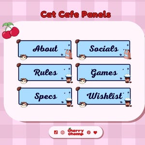 Puede incluir: Gráfico digital con seis paneles azul claro con texto como "About" y "Socials". Cada panel tiene una ilustración de gato y elementos decorativos. El título "Cat Cafe Panels" está en la parte superior.