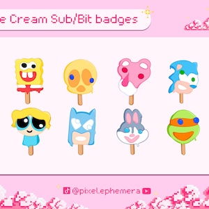 Insignias de suscripción de helado de personajes - insignias de bits de transmisión - activos prefabricados de Twitch - activos de transmisión de YouTube - comida nostálgica