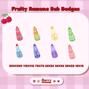 May include: A collection of eight colorful, cartoon-style ramune soda bottle designs. Each bottle features a different color scheme and Japanese text. The image includes the text "Fruity Ramune Sub Badges" and various size dimensions.