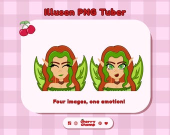 May include: Digital art featuring two animated female characters with red hair, green accents, and leaf-like wings. The text "Illusen PNG Tuber" and "Four images, one emotion!" are displayed. A cherry graphic is in the upper left corner.