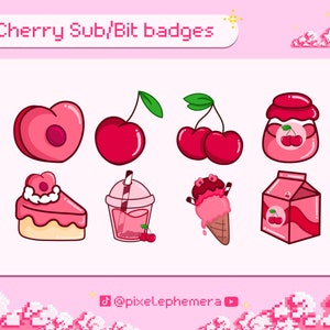Cherry food sub badges - Premade P2U streaming assets - kawaii food and fruit - bit badges