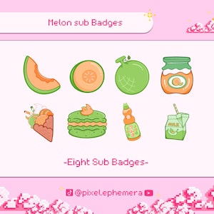 Melon food sub badges - Premade P2U streaming assets - kawaii food and fruit - bit badges