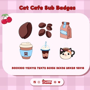 Puede incluir: Un conjunto de insignias de subcategoría de Cat Cafe de estilo caricatura. Las insignias incluyen un grano de café, granos de café, una bolsa de café, una taza de café, un frappé y una taza con cara de gato. El texto "Cat Cafe Sub Badges" está en la parte superior.