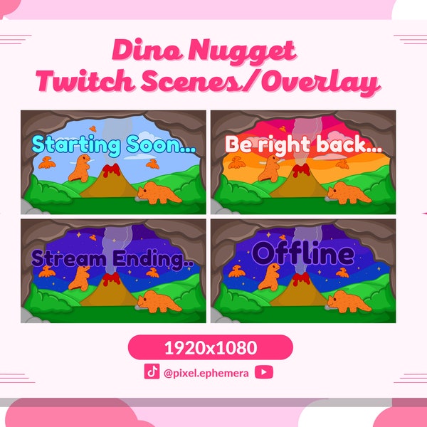 Dino Nugget scene overlay - Prehistoric streaming scenes - Offline - Starting Soon - Be Right Back - Stream Ending - premade twitch assets