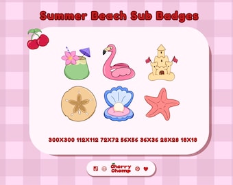 May include: A set of cartoon beach-themed sub badges. The badges feature a cocktail, flamingo, sandcastle, sand dollar, seashell, and starfish. The text "Summer Beach Sub Badges" is at the top. The image is on a pink checkered background.