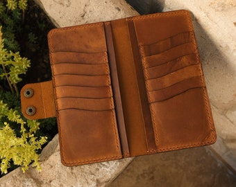 Cartera de cuero larga, cartera con tarjetero, cartera grande para mujer y hombre, cartera hecha a mano