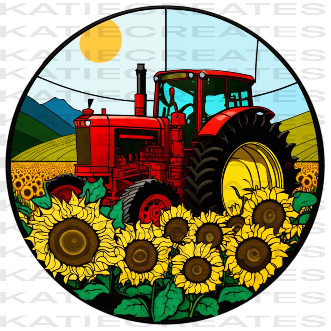 Stained Glass Big Red Tractor in Sunflower Field Vibrant Color - Etsy