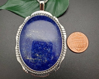 Big Lapis Lazuli Necklace Pendant With Silver Chain | Sterling Silver Blue Lapis Pendant | Lapis Southwest Pendant Necklace | Stock #75