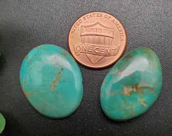 Può includere: Due cabochon ovali in turchese, ciascuno delle dimensioni di una moneta da un centesimo di dollaro americano. Il turchese è di un colore blu-verde vibrante con matrice marrone.