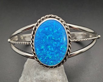 Big 18x25mm Dark Blue Opal Cuff Bracelet | Sterling Silver Opal Bracelet | Sterling Silver Opal Cuff | Big Blue Opal Bracelet Made in USA