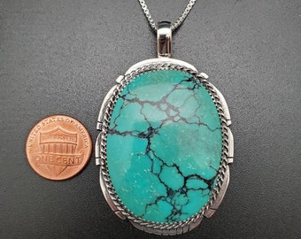 Big Tibetan Turquoise Necklace Pendant With Silver Chain | Sterling Silver Turquoise Pendant | Big Turquoise Pendant Necklace | Stock #74