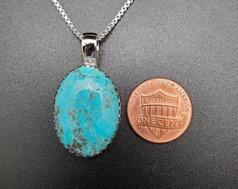 Big 18x25mm Simple Royston Necklace Pendant With Silver Chain | Sterling Silver Blue Turquoise Pendant | Southwestern Jewelry Made in USA