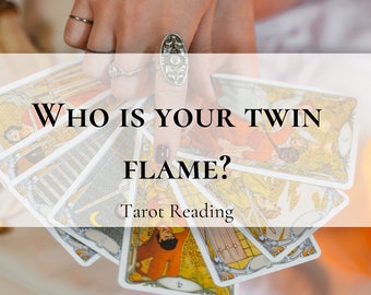 May include: A hand holding a spread of tarot cards with the text "Who is your Twin Flame? Tarot Reading" on a white background.