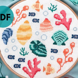Ocean Cross Stitch Pattern- Fish Pattern - Marine Life  Shell Counted Cross Stitch-  Instant PDF Download - Modern Nursery Decor