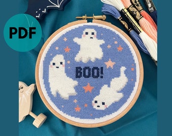 Cute Ghost Halloween Cross Stitch Pattern PDF - Pastel Halloween - Kawaii Ghost Stars - Modern Craft Kit