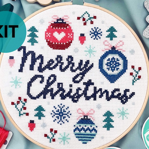 Christmas Cross Stitch Craft Kit - Make it Yourself Holiday Craft Kit - Modern Scandi