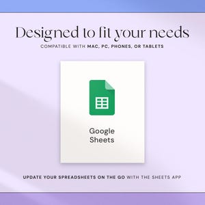 May include: The image features the Google Sheets app icon, a green document with a white grid, set against a white square. Text above reads "Designed to fit your needs" and "Compatible with Mac, PC, Phones, or Tablets." Below the icon is the text "Google Sheets."