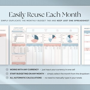 Op de afbeelding: Een digitale budgetspreadsheet-sjabloon met een lichtblauw en roze kleurenschema. De tekst "Easily Reuse Each Month" staat bovenaan. De spreadsheet bevat secties voor inkomsten, uitgaven en een slimme kalender. Functies zijn automatische berekeningen en valuta flexibiliteit.