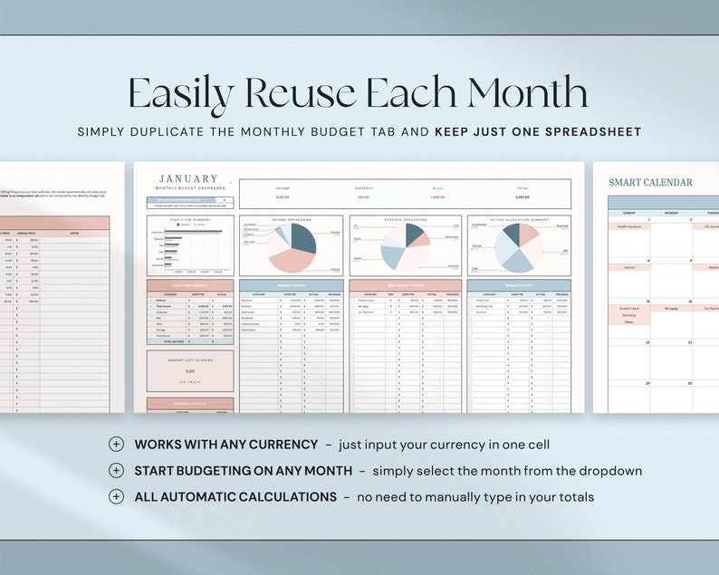 Op de afbeelding: Een digitale budgetspreadsheet-sjabloon met een lichtblauw en roze kleurenschema. De tekst "Easily Reuse Each Month" staat bovenaan. De spreadsheet bevat secties voor inkomsten, uitgaven en een slimme kalender. Functies zijn automatische berekeningen en valuta flexibiliteit.