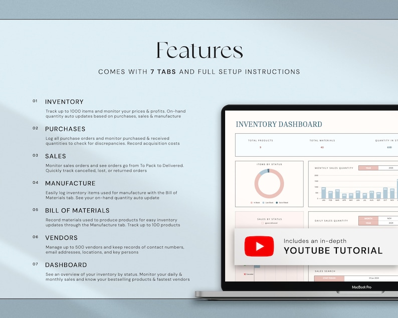 May include: A laptop displays an inventory dashboard with charts and graphs. The screen shows the text "Features" and "Comes with 7 Tabs and Full Setup Instructions." A YouTube tutorial is also included.