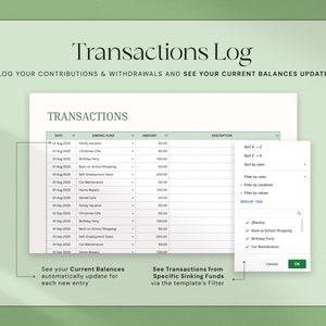 Puede incluir: Una hoja de c&aacute;lculo digital titulada "Transactions Log" con una tabla que muestra transacciones financieras, incluyendo fechas, fondos de amortizaci&oacute;n, importes y descripciones. Un men&uacute; de filtro est&aacute; abierto.