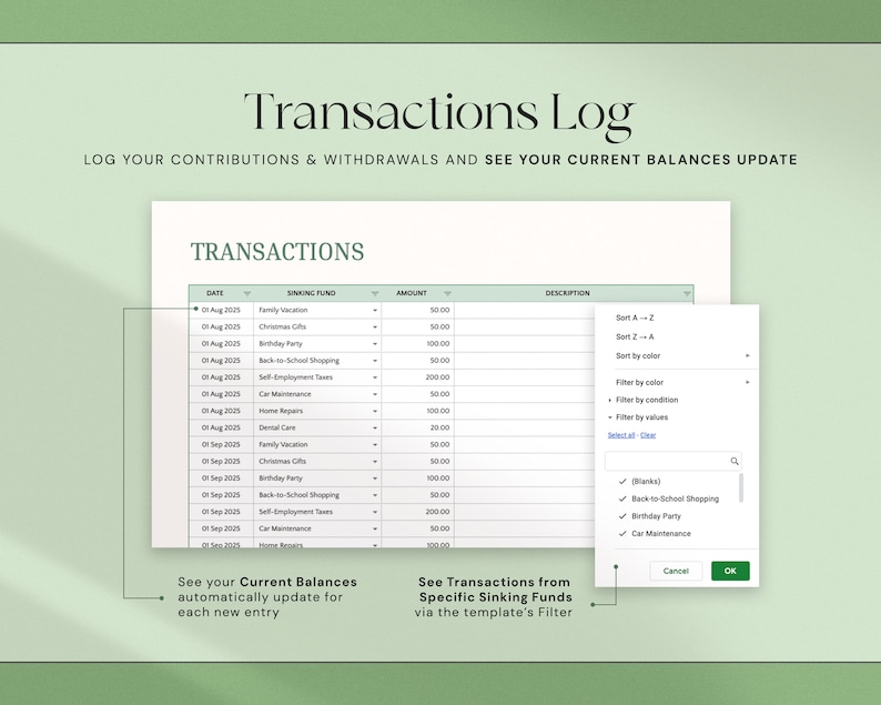 Puede incluir: Una hoja de c&aacute;lculo digital titulada "Transactions Log" con una tabla que muestra transacciones financieras, incluyendo fechas, fondos de amortizaci&oacute;n, importes y descripciones. Un men&uacute; de filtro est&aacute; abierto.