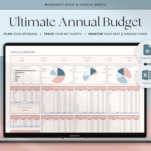 Excel Annual Budget Google Sheets Yearly Budget Template Financial Planner Net Worth Tracker Monthly Budget Dashboard, Budgeting Excel