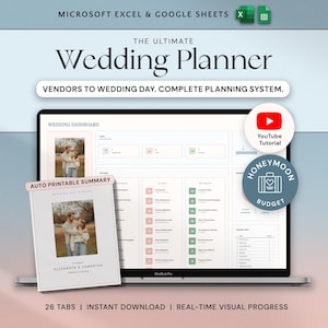Planificador de bodas Hoja de cálculo Seguimiento del presupuesto de la boda Hojas de cálculo de Google Excel Lista de invitados a la boda Plano de asientos Lista de verificación de la boda Cronograma Itinerario