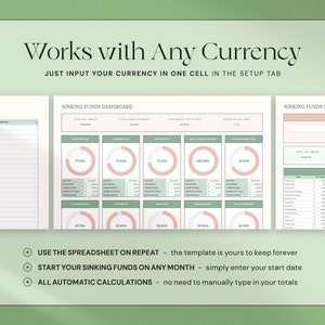 Puede incluir: Plantilla de hoja de c&aacute;lculo digital con una combinaci&oacute;n de colores verde menta y rosa rubor. El texto "Works with Any Currency" est&aacute; en la parte superior. La hoja de c&aacute;lculo incluye secciones para fondos de amortizaci&oacute;n, paneles y configuraci&oacute;n, con c&aacute;lculos automatizados.