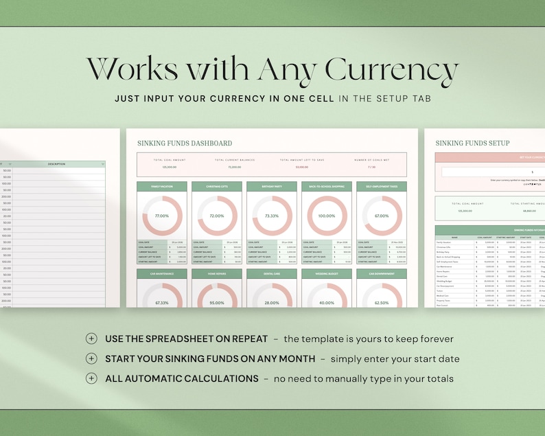 Puede incluir: Plantilla de hoja de c&aacute;lculo digital con una combinaci&oacute;n de colores verde menta y rosa rubor. El texto "Works with Any Currency" est&aacute; en la parte superior. La hoja de c&aacute;lculo incluye secciones para fondos de amortizaci&oacute;n, paneles y configuraci&oacute;n, con c&aacute;lculos automatizados.