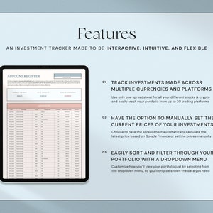 May include: A digital tablet displays an investment tracker spreadsheet with the title "Account Register." The text highlights features: tracking investments across currencies, setting current prices, and sorting with a dropdown menu. The background is a light blue.