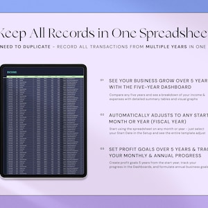 May include: A digital tablet displaying a spreadsheet with financial data. The image includes text: "Keep All Records in One Spreadsheet." Additional text highlights features like a five-year dashboard and profit goal tracking.