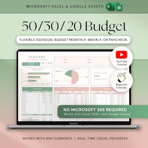 Puede incluir: Una pantalla de portátil muestra una plantilla de presupuesto 50/30/20 para Microsoft Excel y Google Sheets. La plantilla incluye gráficos y tablas para el seguimiento de ingresos y gastos. El texto en la pantalla incluye "Enero" y "Principiante".