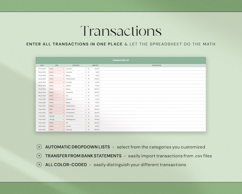 May include: A digital spreadsheet titled "Transactions" with a green and white design. The spreadsheet displays a list of financial transactions, including date, type, category, and amount. Text on the image includes "Enter all transactions in one place & let the spreadsheet do the math."