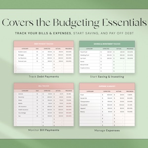 Może przedstawiać: Przewodnik po podstawach budżetowania z wykresami do śledzenia dług&oacute;w, oszczędności i wydatk&oacute;w. Obraz zawiera tekst "Covers the Budgeting Essentials" i "Track Your Bills & Expenses, Start Saving, and Pay Off Debt."