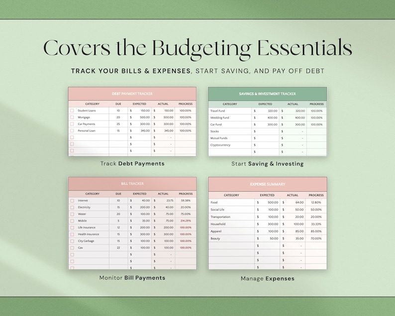 Może przedstawiać: Przewodnik po podstawach budżetowania z wykresami do śledzenia dług&oacute;w, oszczędności i wydatk&oacute;w. Obraz zawiera tekst "Covers the Budgeting Essentials" i "Track Your Bills & Expenses, Start Saving, and Pay Off Debt."