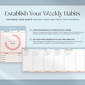 May include: A digital planner with the text "Establish Your Weekly Habits." The planner includes a progress chart, a to-do list, and a weekly habit tracker. The design is in shades of pink and blue.