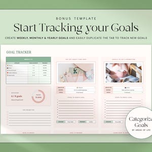 Puede incluir: Una plantilla digital de seguimiento de objetivos con un fondo verde claro. La plantilla incluye secciones para objetivos semanales, mensuales y anuales. El texto de la plantilla dice "Start Tracking your Goals" y "Categorize Goals by Areas of Life."