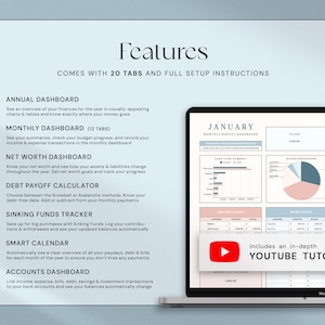 May include: A laptop screen displays a financial dashboard with charts and tables. The screen shows the word "January" and includes a YouTube tutorial. The text on the screen includes "Annual Dashboard", "Monthly Dashboard", and "Net Worth Dashboard".