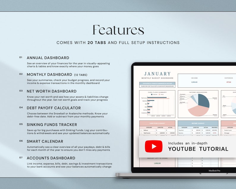 May include: A laptop screen displays a financial dashboard with charts and tables. The screen shows the word "January" and includes a YouTube tutorial. The text on the screen includes "Annual Dashboard", "Monthly Dashboard", and "Net Worth Dashboard".