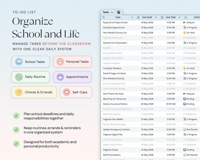 May include: Digital to-do list interface with the text "Organize School and Life." Features include task management, daily routines, and appointments. The interface is designed for academic and personal productivity.