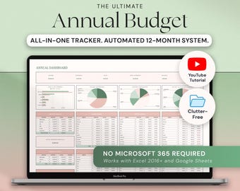Może przedstawiać: Laptop wyświetlający arkusz kalkulacyjny zatytułowany "Annual Budget". Ekran pokazuje wykresy i tabele danych. Tekst zawiera "All-in-one tracker", "Automated 12-month system" i "No Microsoft 365 required". Widoczne są również samouczek YouTube i ikony bez bałaganu.