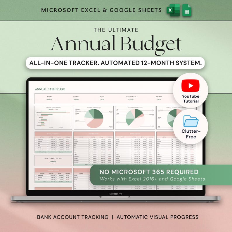 Op de afbeelding: Een laptop met een spreadsheet met de titel "Annual Budget". Het scherm toont grafieken en gegevenstabellen. Tekst bevat "All-in-one tracker", "Automated 12-month system" en "No Microsoft 365 required". Een YouTube-tutorial en pictogrammen voor overzichtelijk zijn ook zichtbaar.