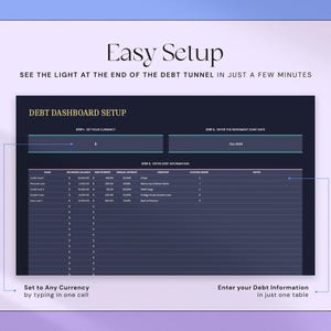 May include: A digital debt dashboard setup guide with the text "Easy Setup." The guide includes sections for currency, start date, and debt information. The text "See the light at the end of the debt tunnel in just a few minutes" is also visible.