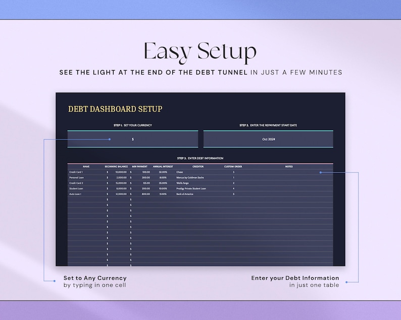 May include: A digital debt dashboard setup guide with the text "Easy Setup." The guide includes sections for currency, start date, and debt information. The text "See the light at the end of the debt tunnel in just a few minutes" is also visible.